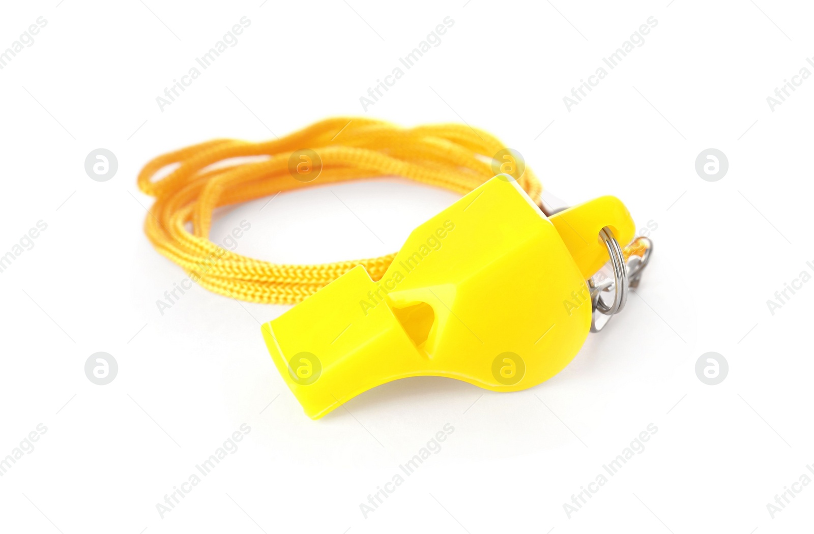 Photo of One yellow whistle with orange cord isolated on white