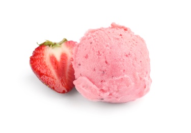 Photo of Scoop of delicious strawberry ice cream with fresh berry on white background