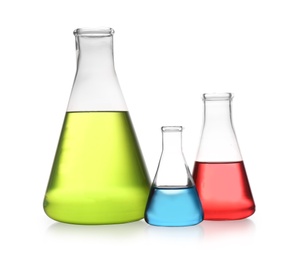Photo of Erlenmeyer flasks with color liquids isolated on white. Solution chemistry