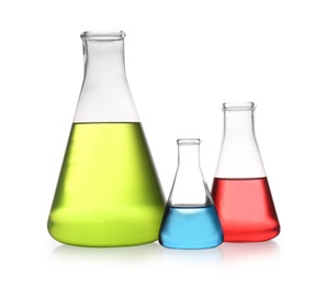 Erlenmeyer flasks with color liquids isolated on white. Solution chemistry