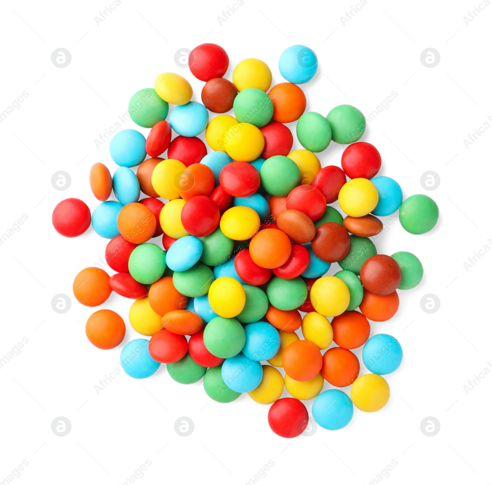 Photo of Many small colorful candies on white background, top view