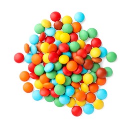 Photo of Many small colorful candies on white background, top view