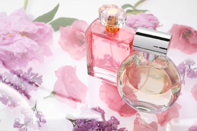 Two luxury perfumes on spring floral decor