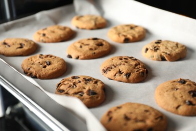 Photo of Baking delicious chocolate chip cookies in oven, closeup