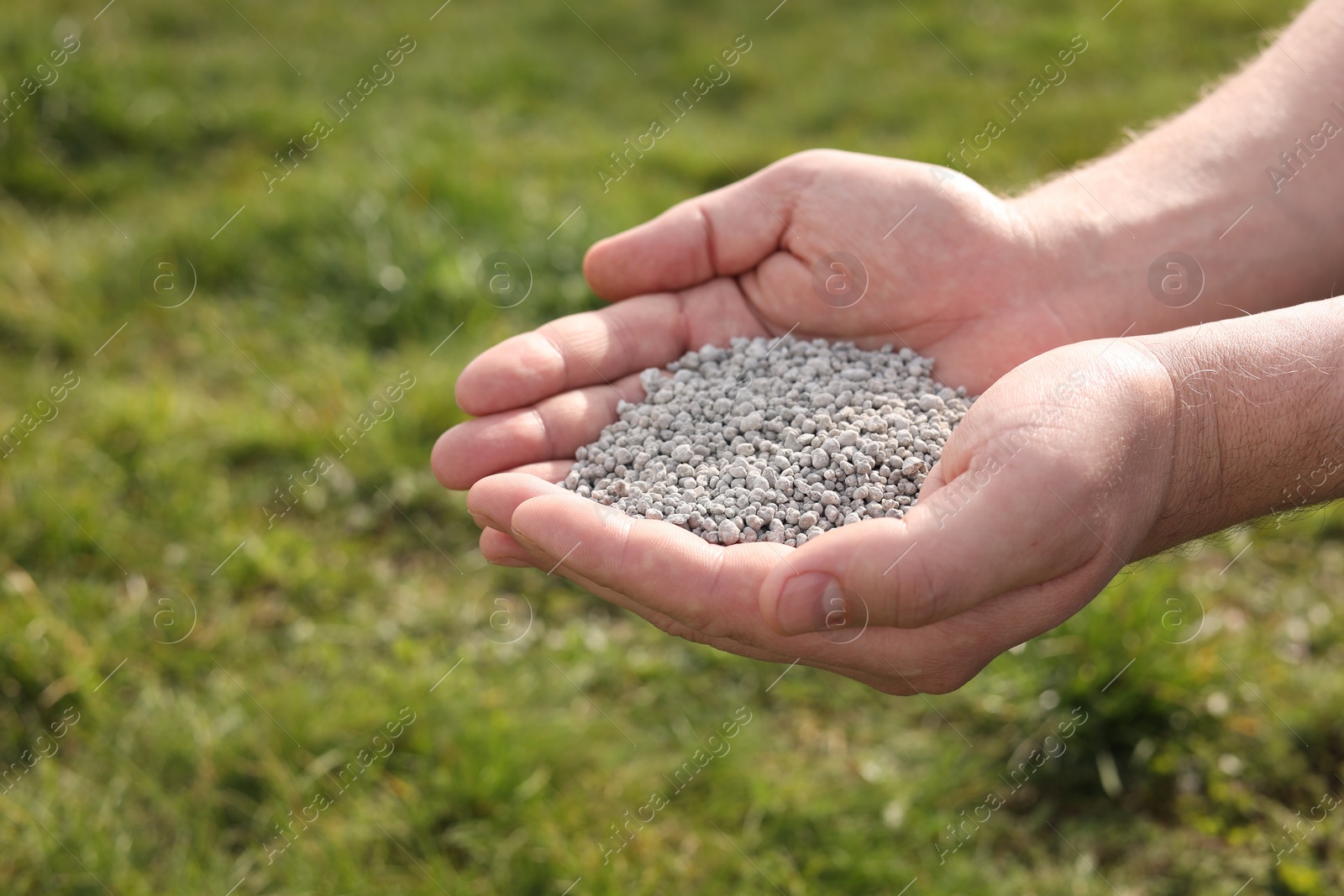 Photo of Man with fertilizer in hands outdoors, closeup