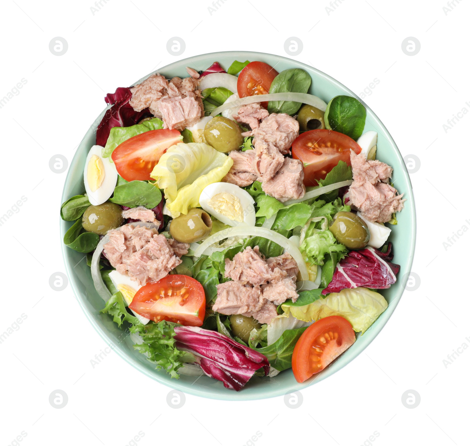 Photo of Bowl of delicious salad with canned tuna and vegetables on white background, top view