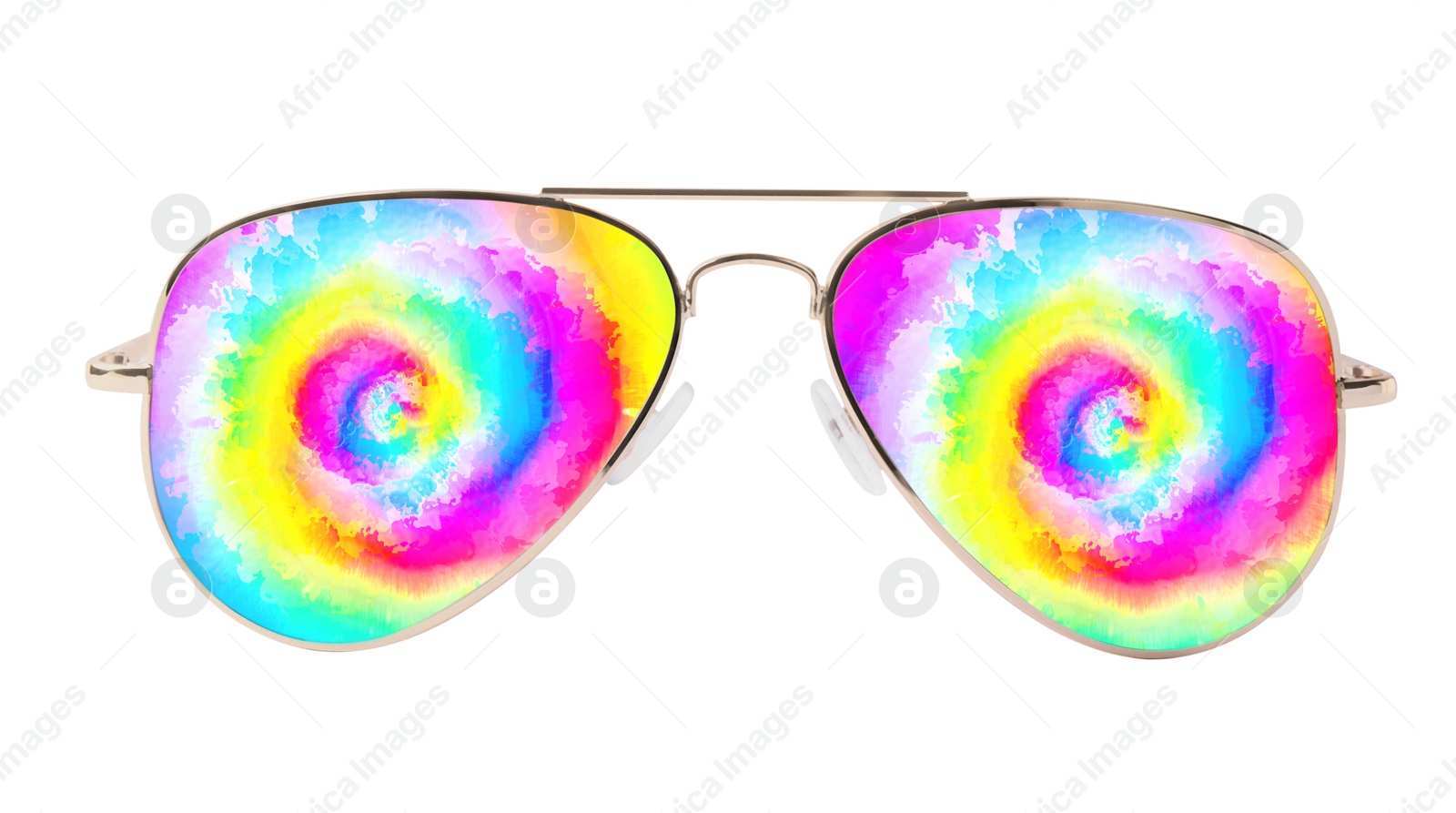 Image of Hippie accessory. Stylish sunglasses with bright pattern on lenses on white background