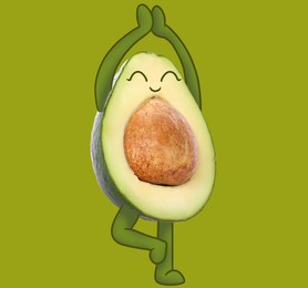 Image of Creative artwork. Happy avocado practicing yoga. Fruit with drawings on light green background