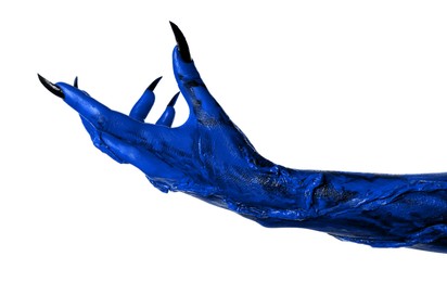 Creepy monster. Blue hand with claws isolated on white