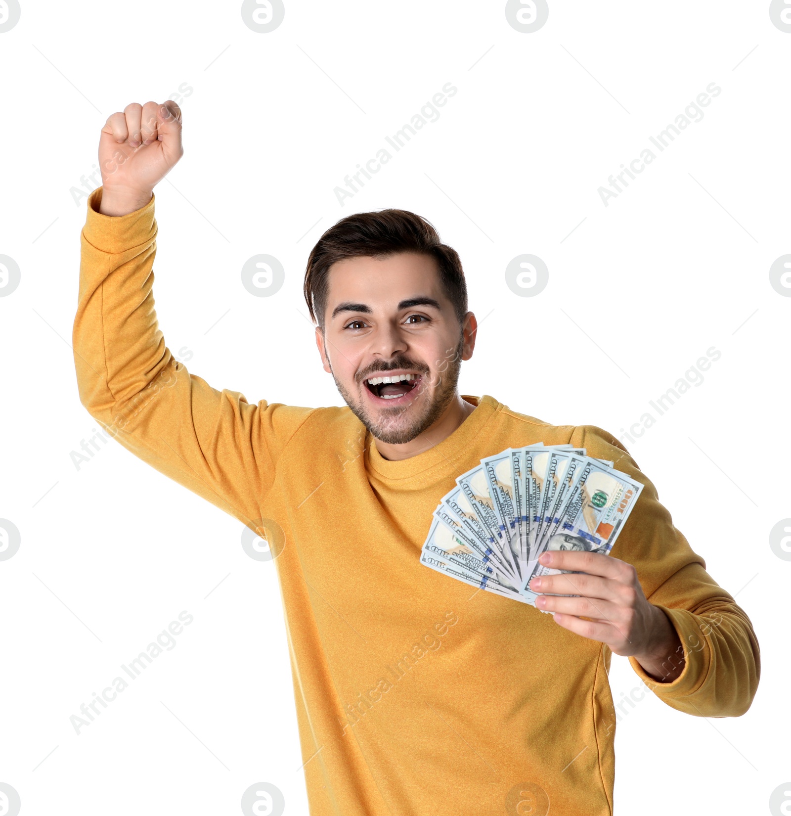 Photo of Portrait of happy young man with money on white background