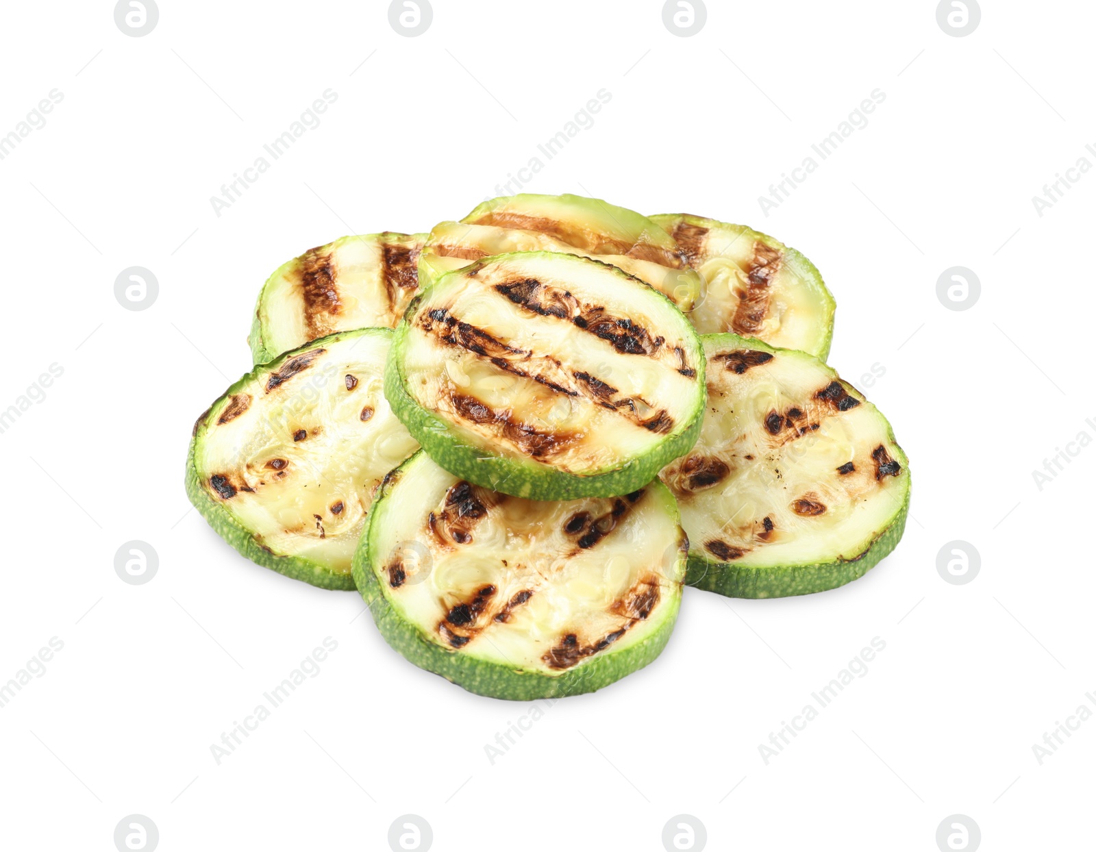 Photo of Delicious grilled zucchini slices on white background