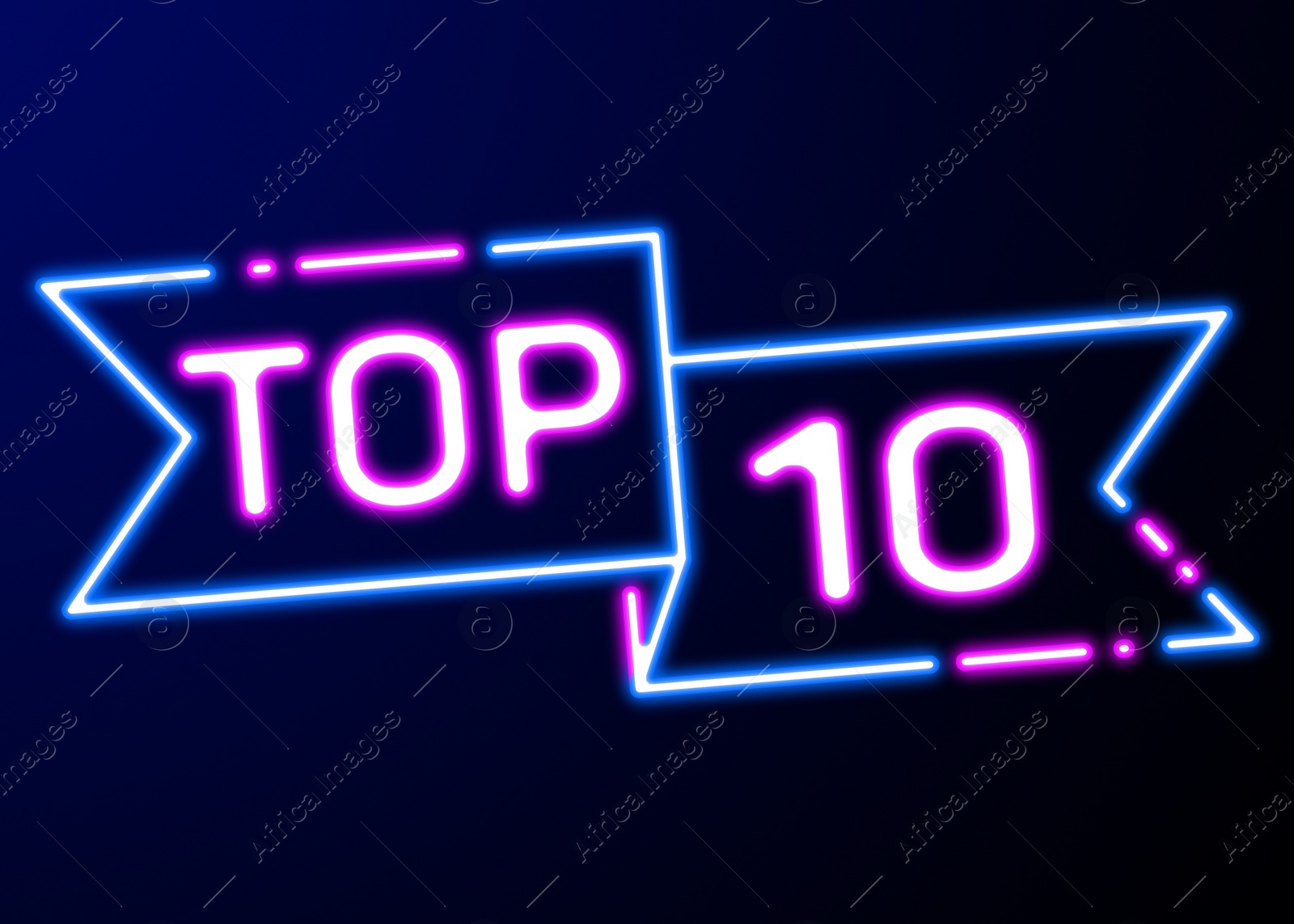 Illustration of Top ten list. Ribbon with word and number 10 glowing neon sign on dark background