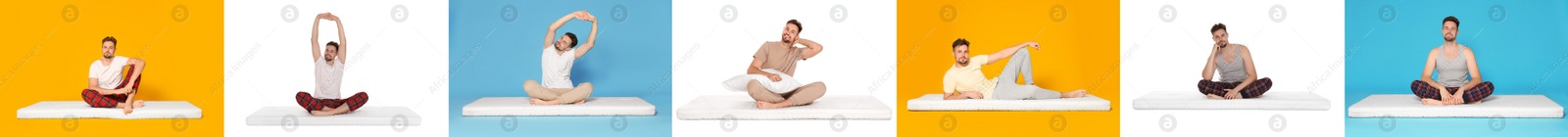 Image of Collage with photos of man on soft comfortable mattresses on different color backgrounds. Banner design