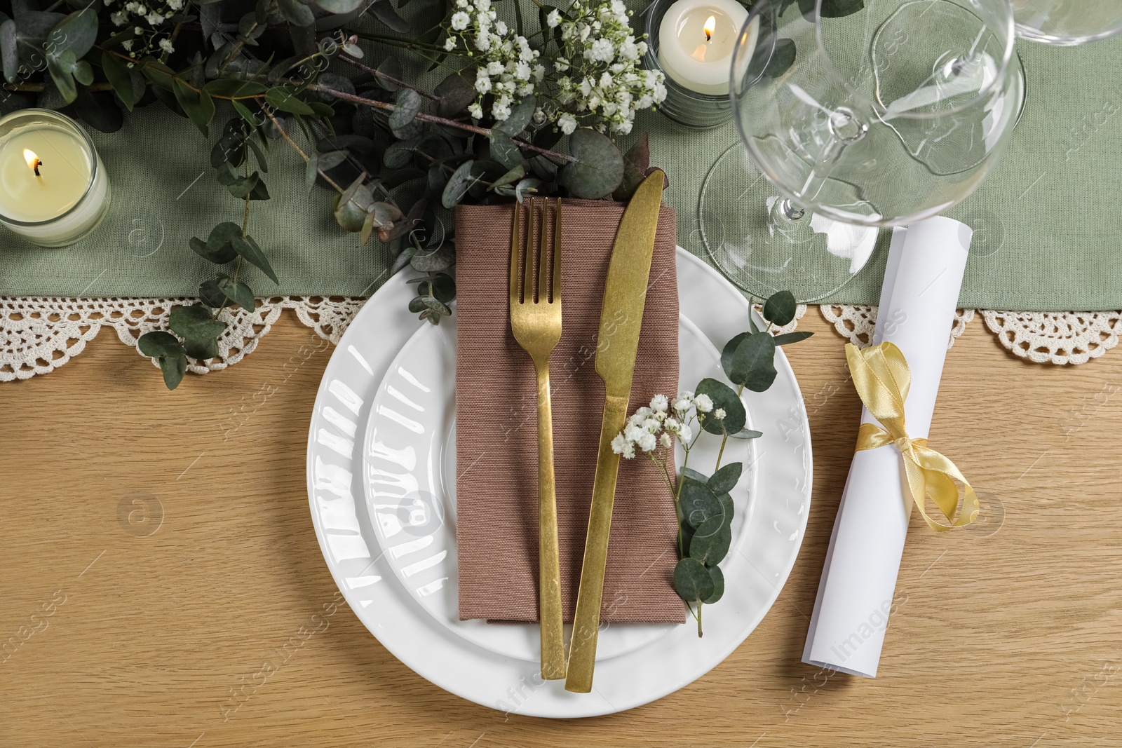 Photo of Stylish elegant table setting for festive dinner, flat lay