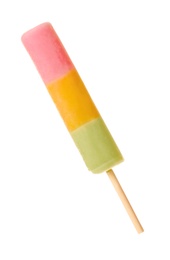 Woman holding delicious ice cream against white background