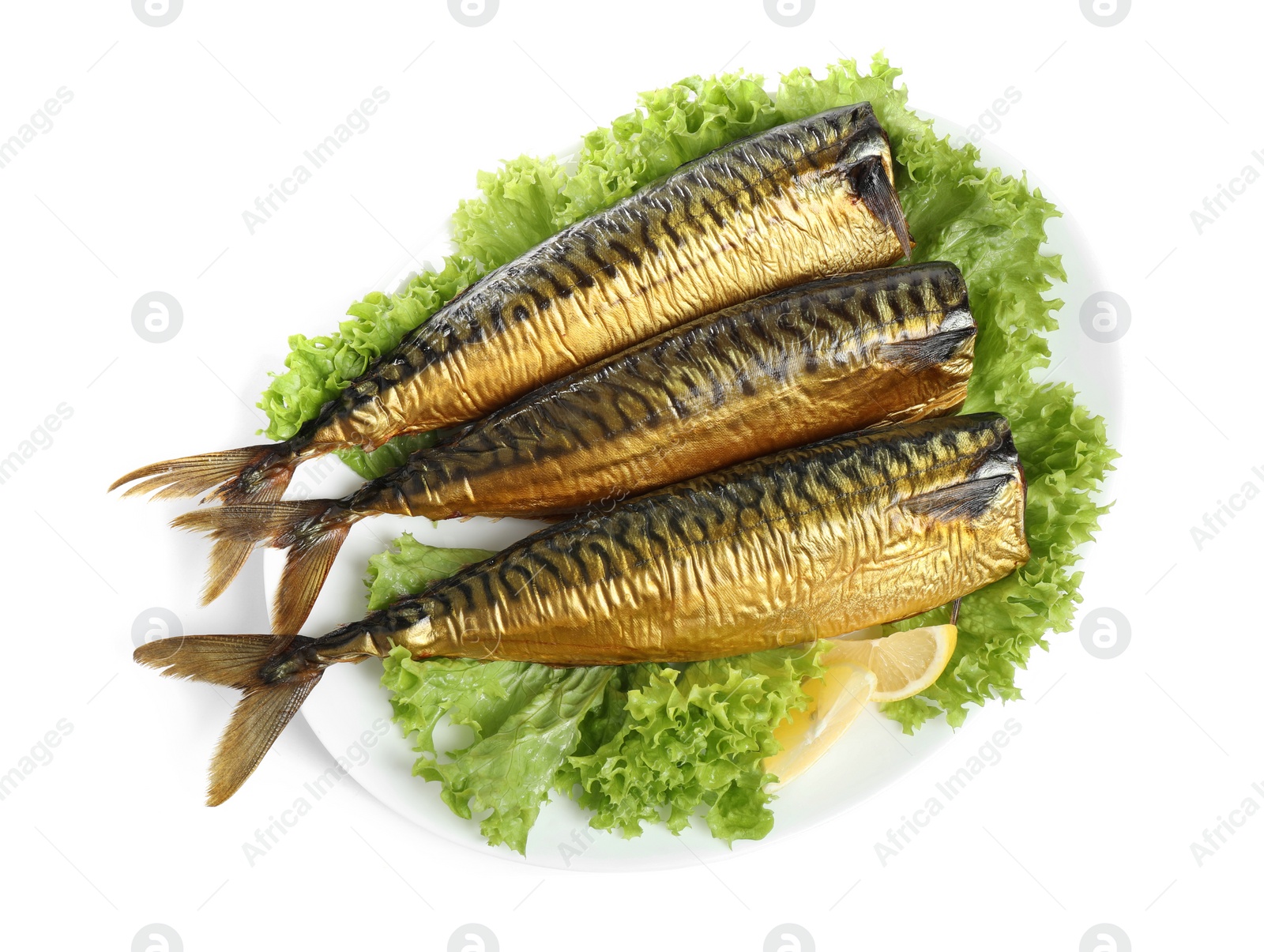 Photo of Plate with smoked fish isolated on white