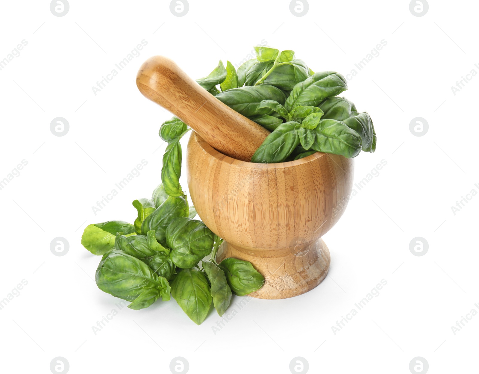 Photo of Mortar with fresh green basil leaves on white background