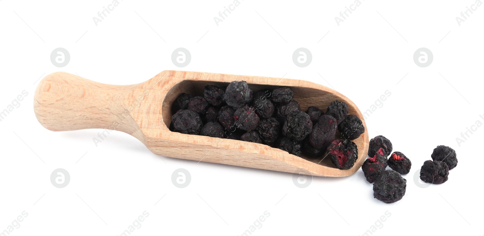 Photo of Scoop with freeze dried blueberries on white background