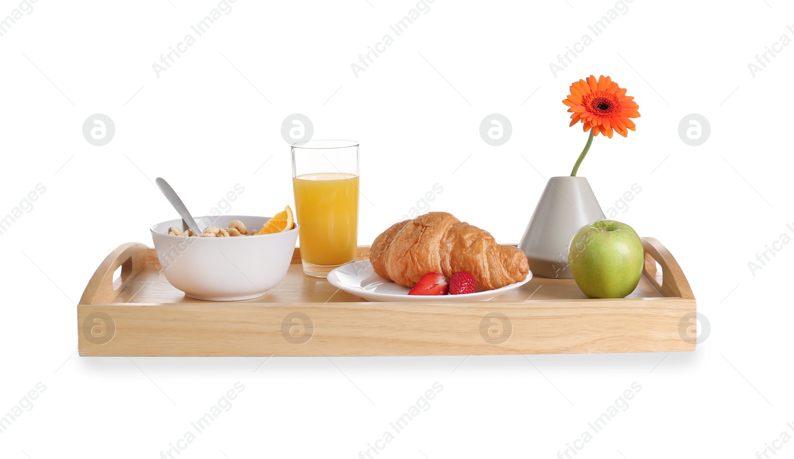 Photo of Wooden tray with delicious breakfast and beautiful flower on white background