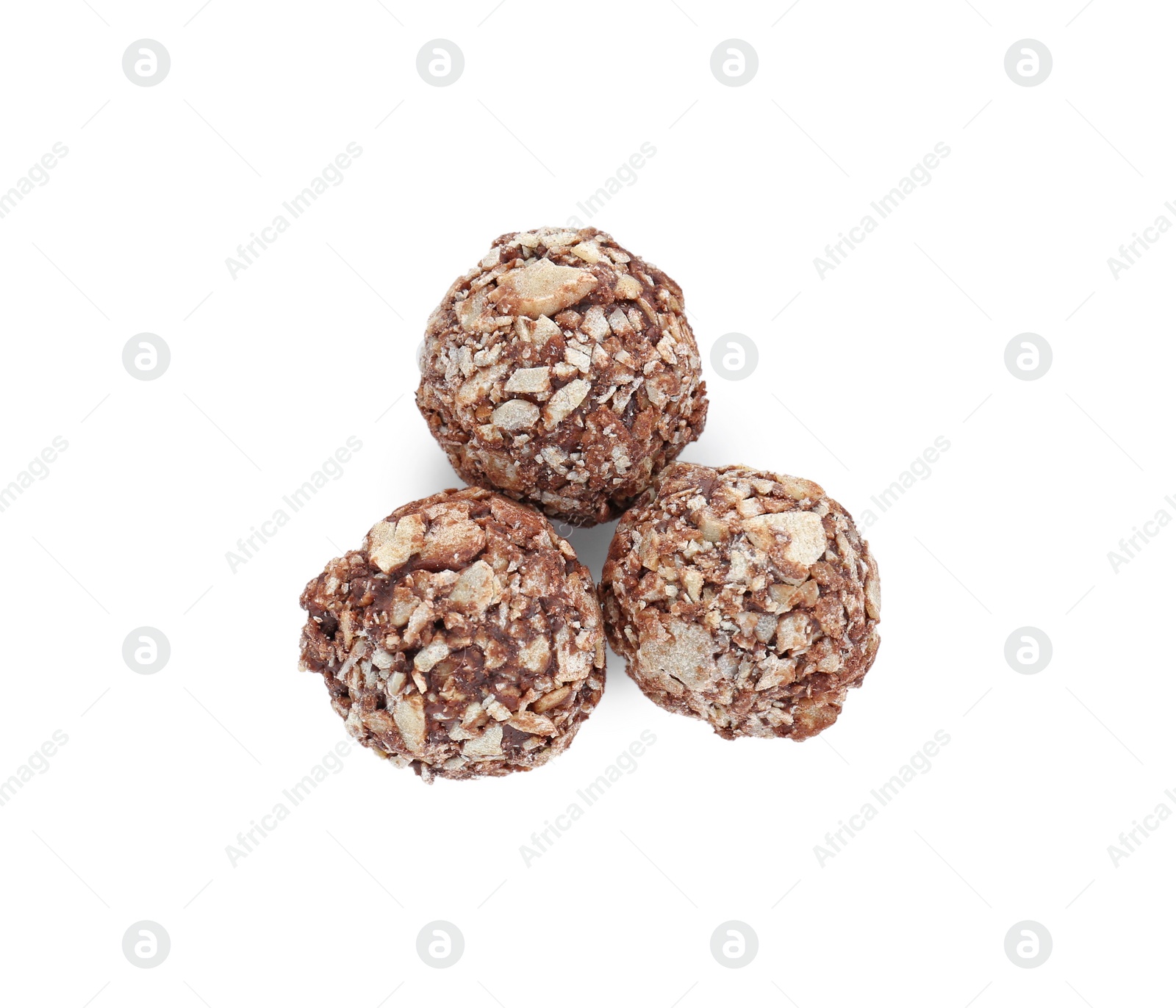 Photo of Tasty sweet chocolate candies isolated on white, top view