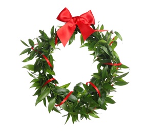 Photo of Beautiful handmade mistletoe wreath with red bow on white background. Traditional Christmas decor