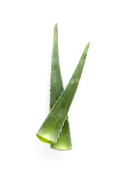 Photo of Green aloe vera leaves isolated on white, top view