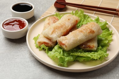 Photo of Delicious fried spring rolls served on grey table