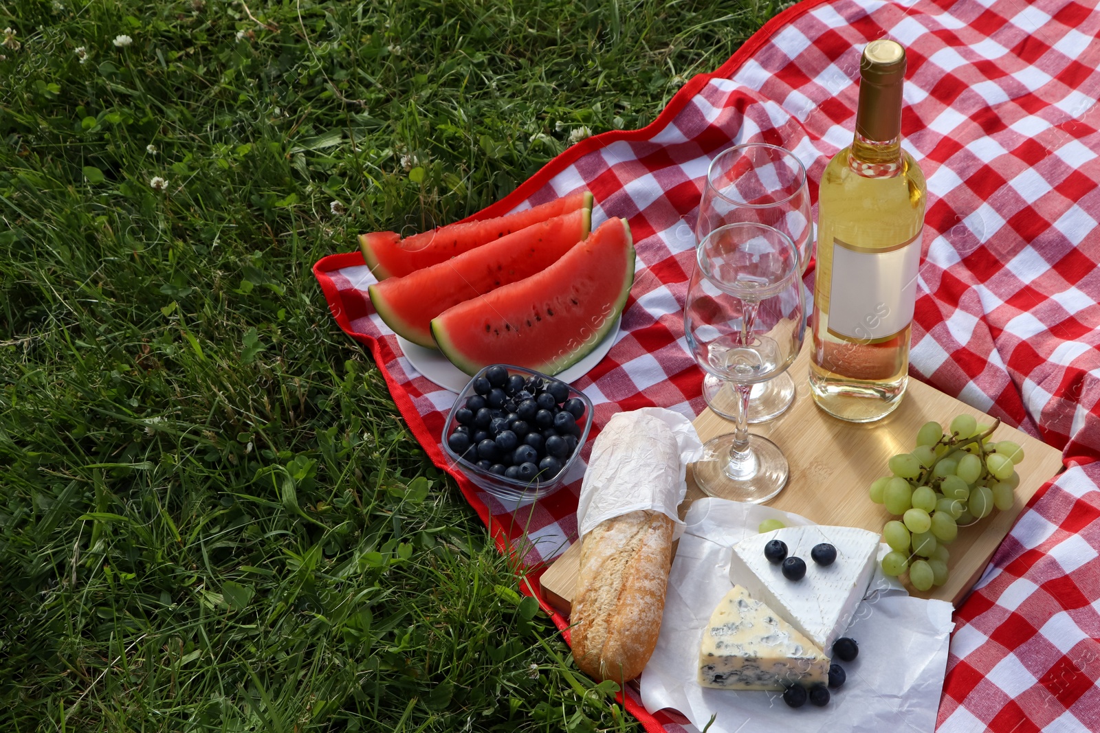 Photo of Picnic blanket with delicious food and wine outdoors on summer day, space for text