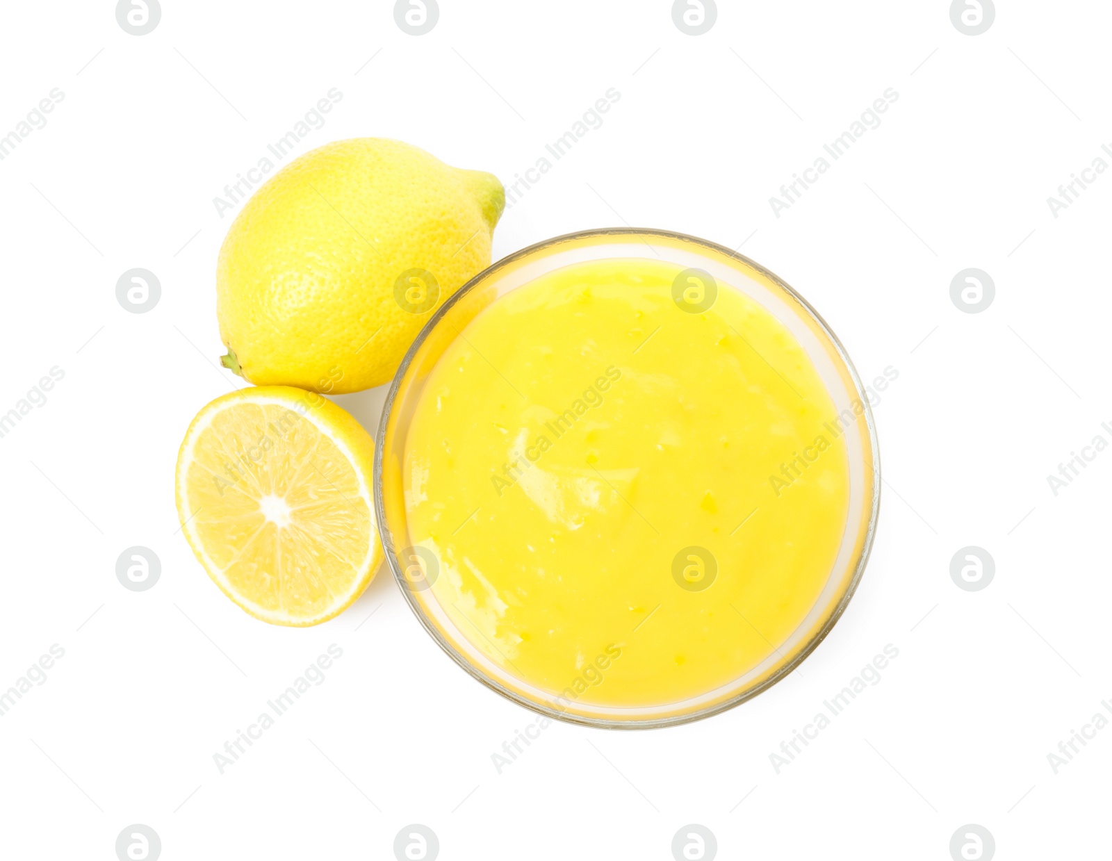 Photo of Delicious lemon curd and fresh fruits on white background, top view