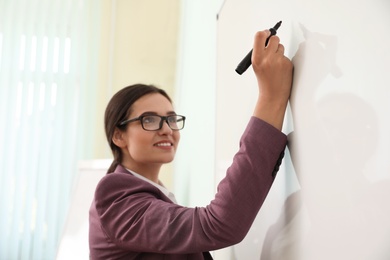 Female teacher writing on whiteboard in classroom