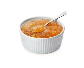 Photo of Bowl of delicious orange marmalade with spoon on white background