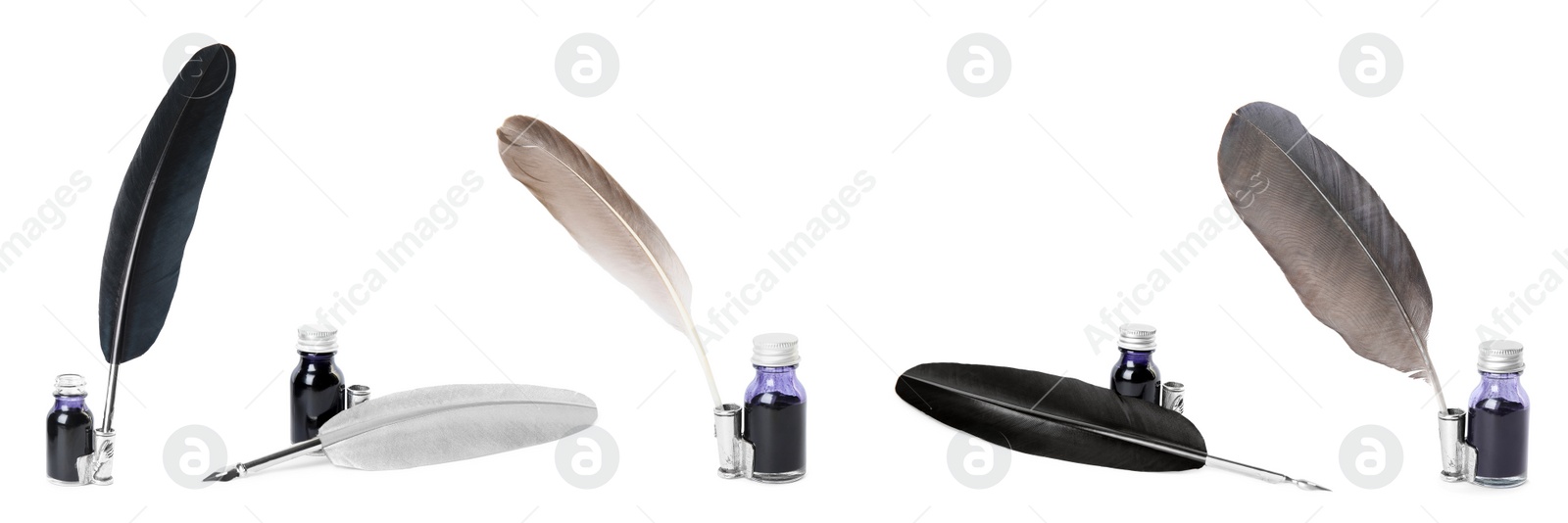 Image of Set with quills and inks on white background. Banner design