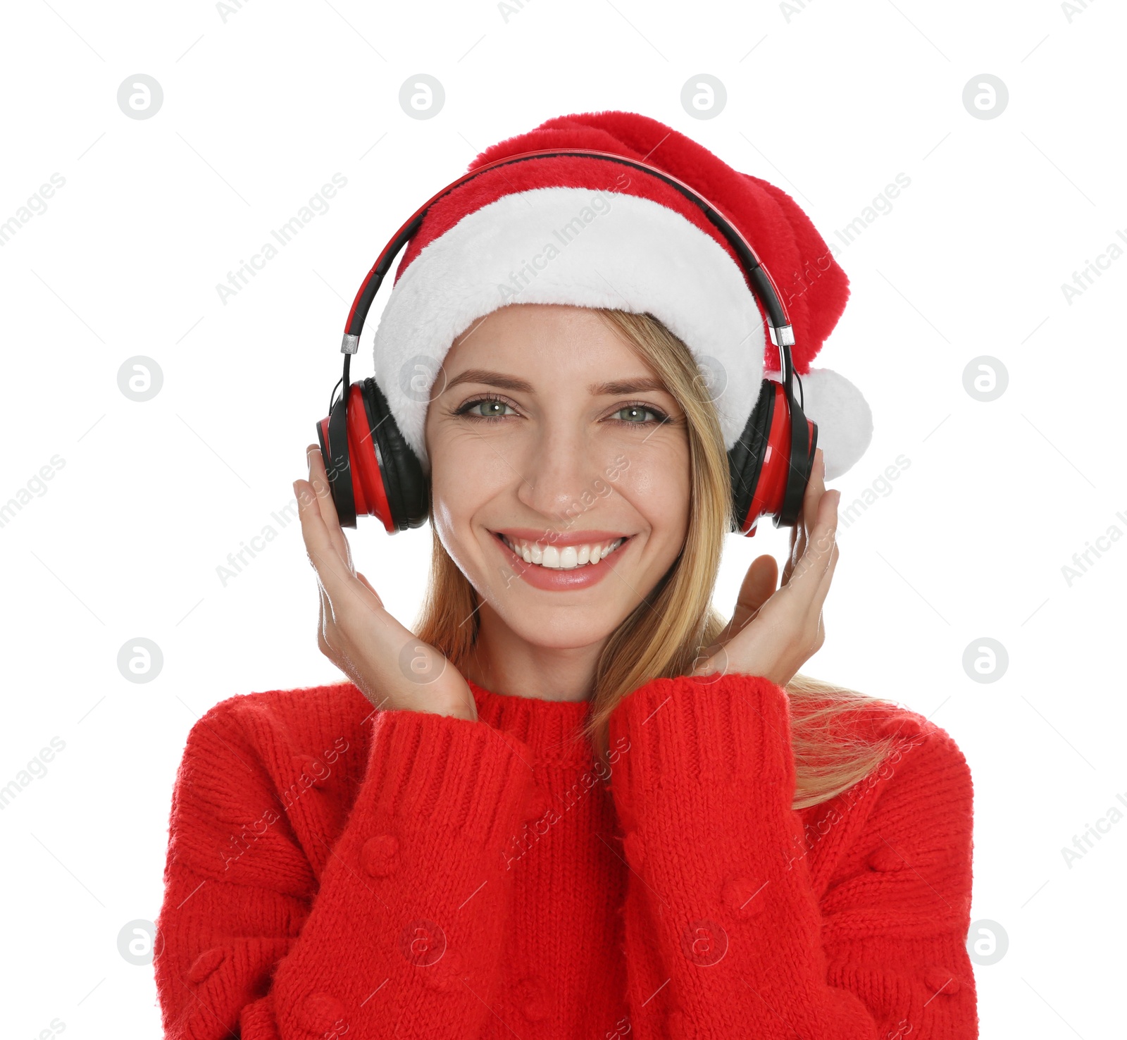 Photo of Happy woman with headphones on white background. Christmas music