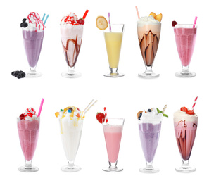 Image of Set of glasses with different protein shakes on white background