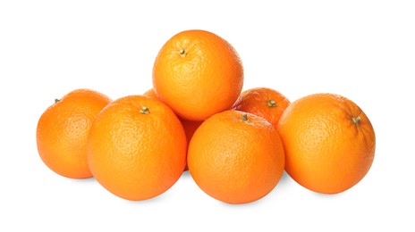 Photo of Delicious fresh ripe oranges on white background