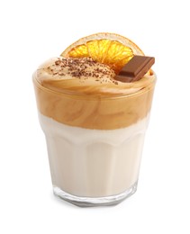 Glass of delicious dalgona coffee with dry orange and chocolate isolated on white