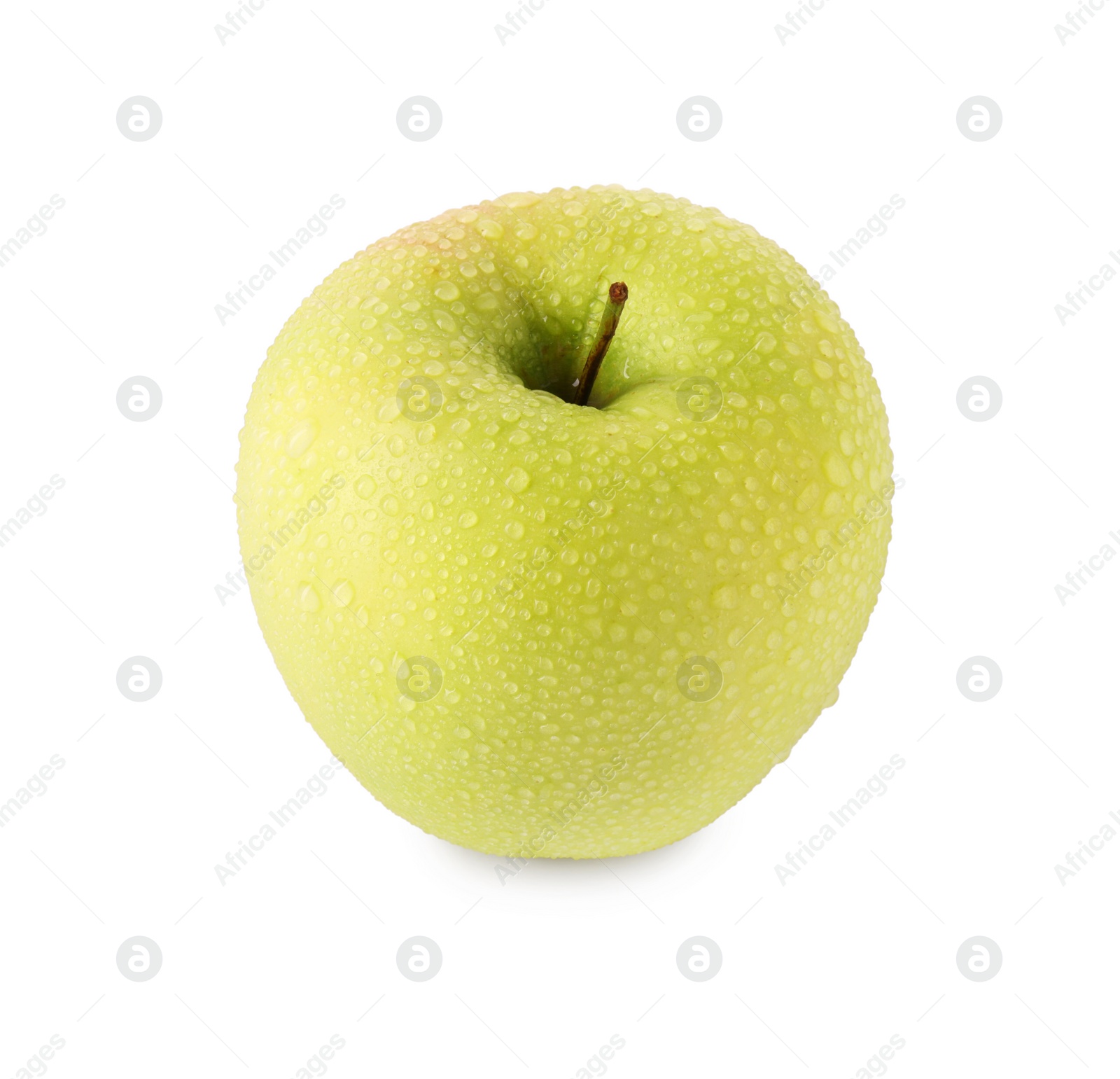 Photo of One ripe green apple with water drops isolated on white