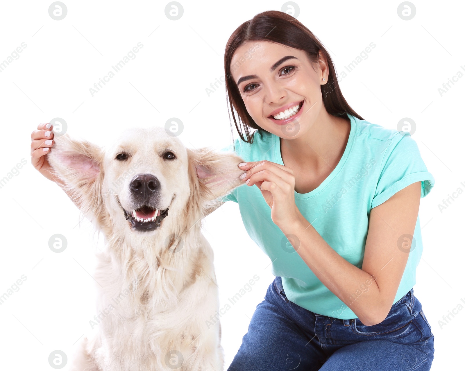 Photo of Young woman and her Golden Retriever dog on white background