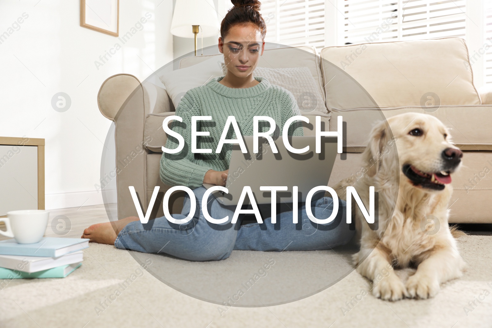 Image of Young woman with laptop and her Golden Retriever at home. Search vocation