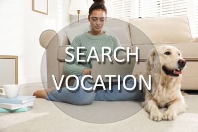 Image of Young woman with laptop and her Golden Retriever at home. Search vocation