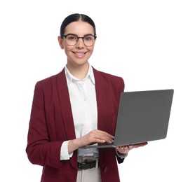 Happy woman with laptop on white background