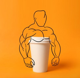 Image of Strong coffee. Takeaway paper cup and illustration of bodybuilder on orange background