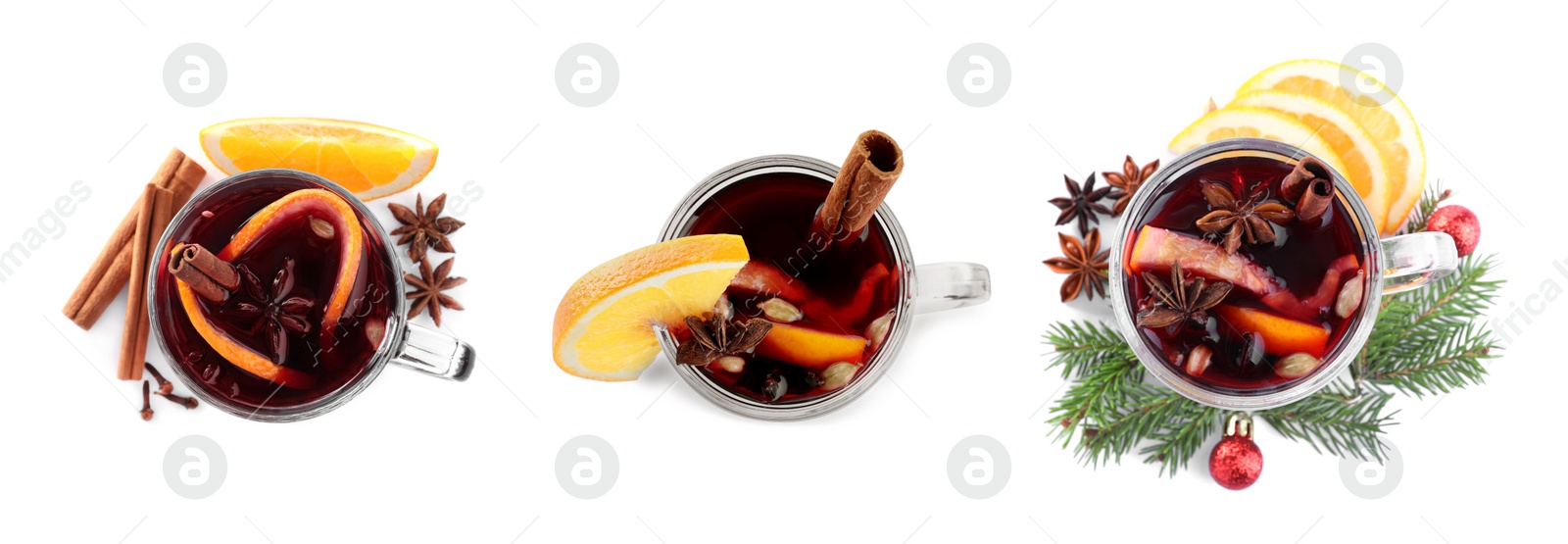 Image of Set of aromatic mulled wine on white background, top view. Banner design