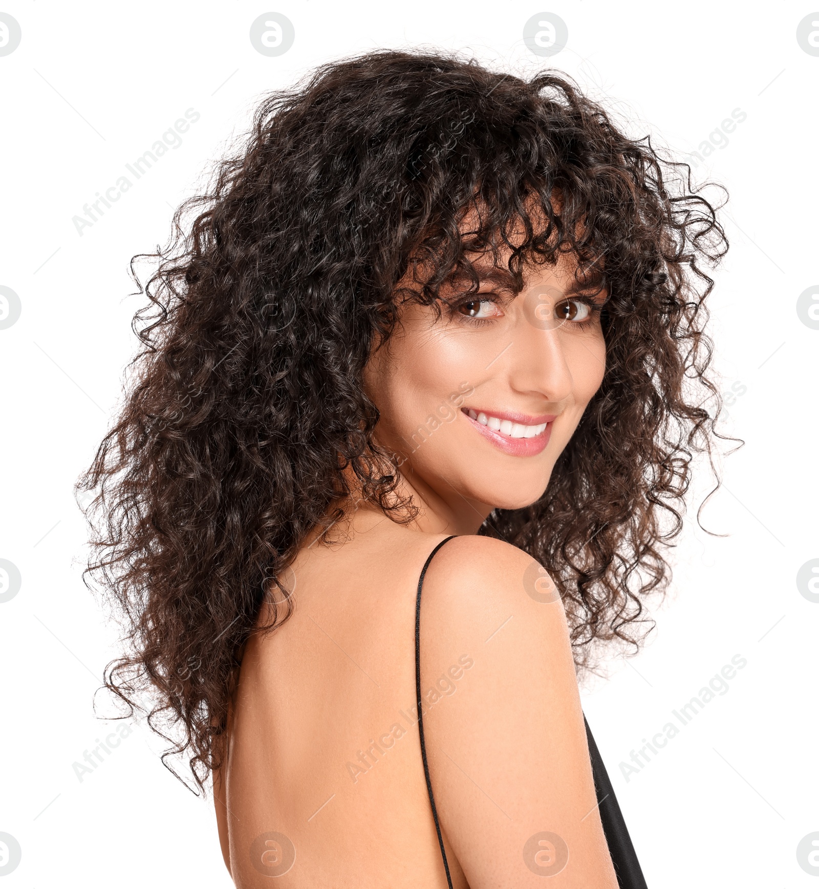 Photo of Beautiful young woman with long curly hair on white background