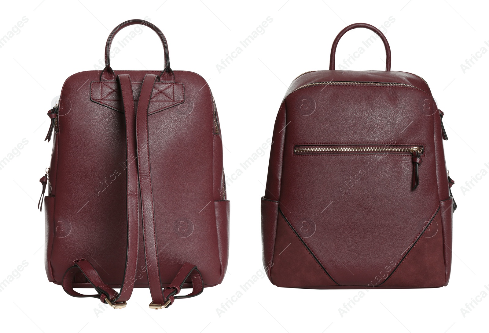 Image of Stylish leather backpacks on white background, collage