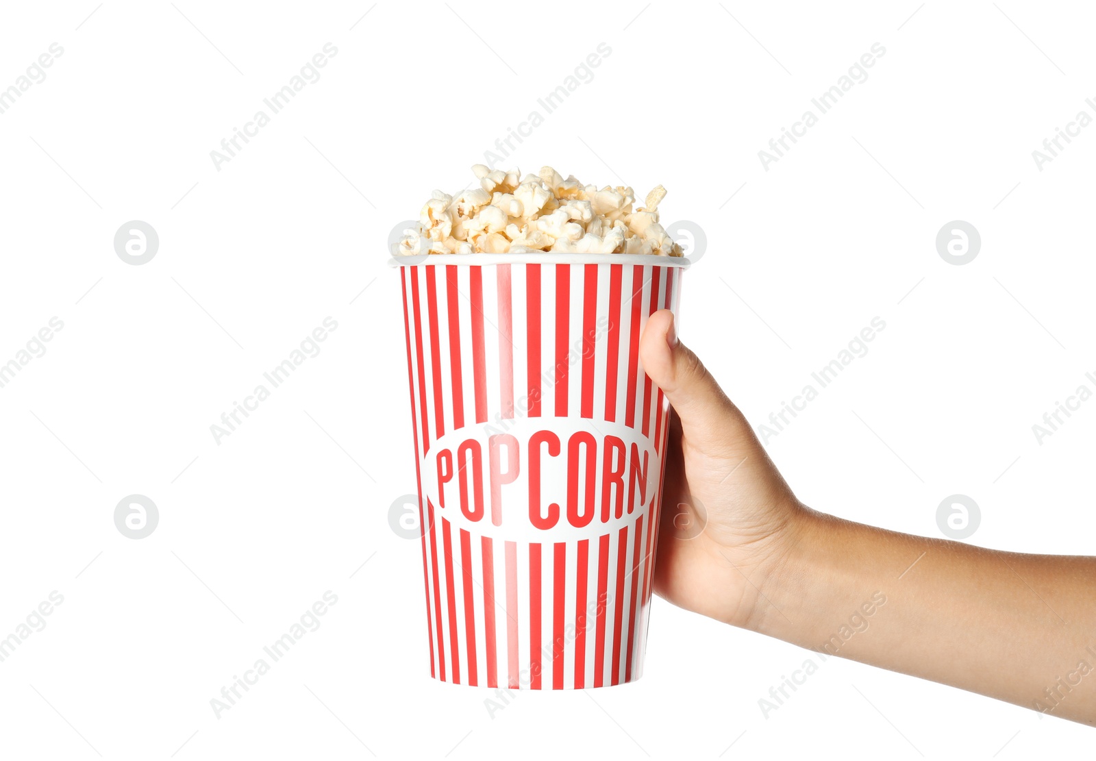 Photo of Woman holding cup with delicious popcorn on white background, closeup