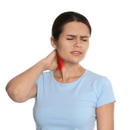 Woman suffering from rheumatism on white background