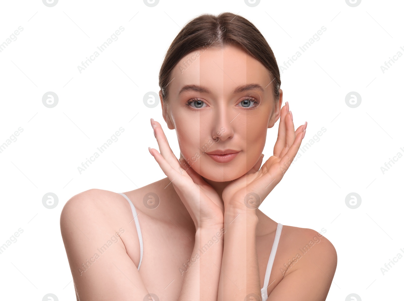 Image of Solarium tan. Combined portrait of woman with different skin tones on white background