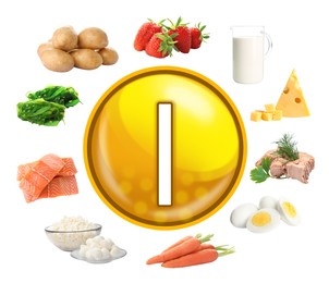Image of Different products rich in Iodine on white background
