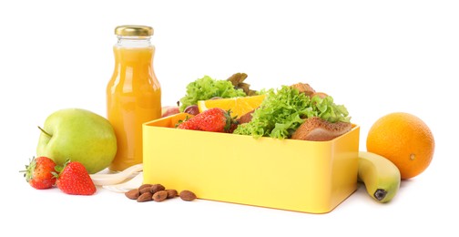 Photo of Tasty food and orange juice on white background. School dinner